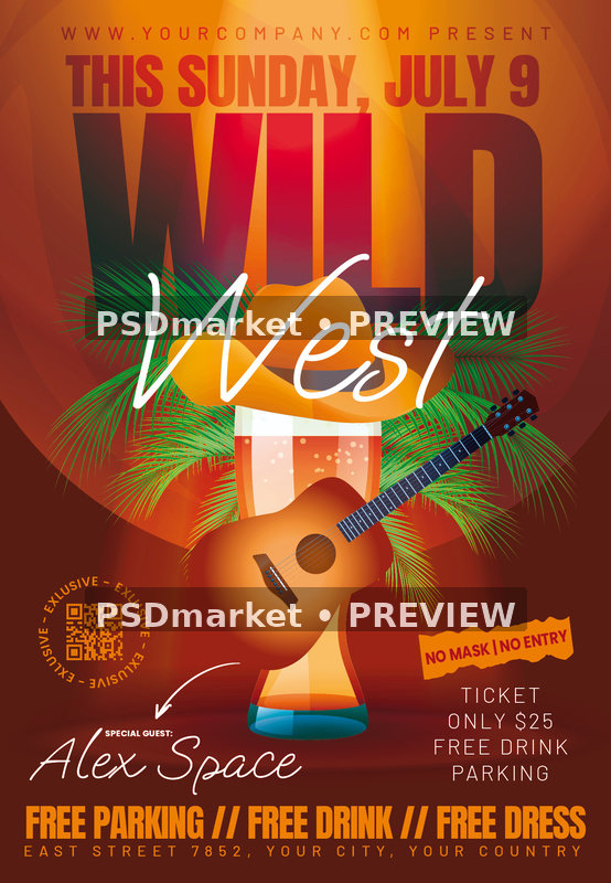 Guitar and Cowboy Hat Wild West Flyer PSD Template — PSD template preview