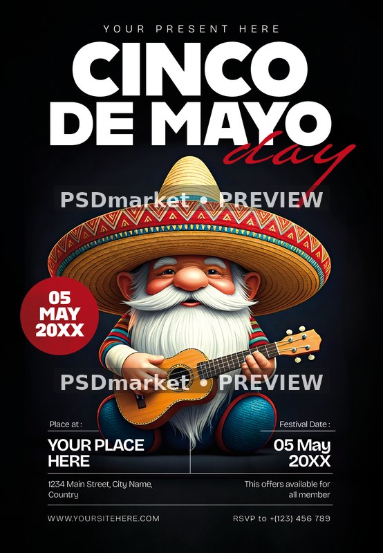 Guitar Gnome Cinco de Mayo Day Flyer PSD Template — PSD template preview