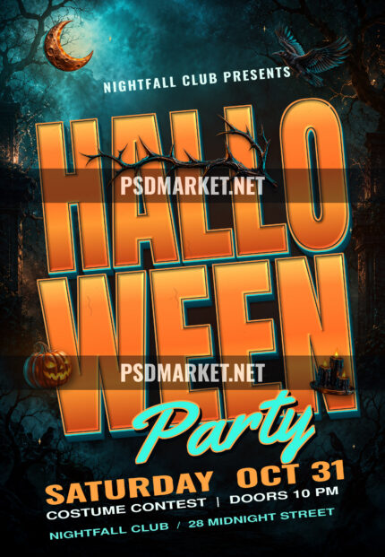 Halloween Copper Teal Party Flyer PSD Template — PSD template preview