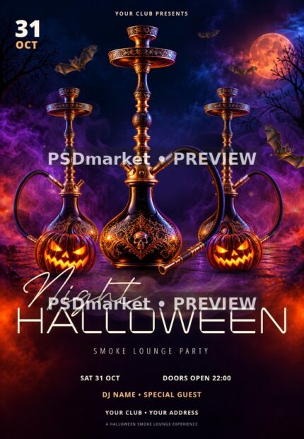 Halloween Hookah Night flyer — reduced watermarked preview of the supplied layered PSD