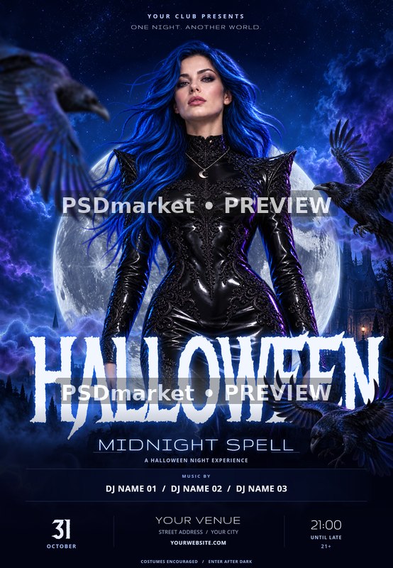 Halloween Midnight Spell Party Flyer PSD Template — PSD template preview