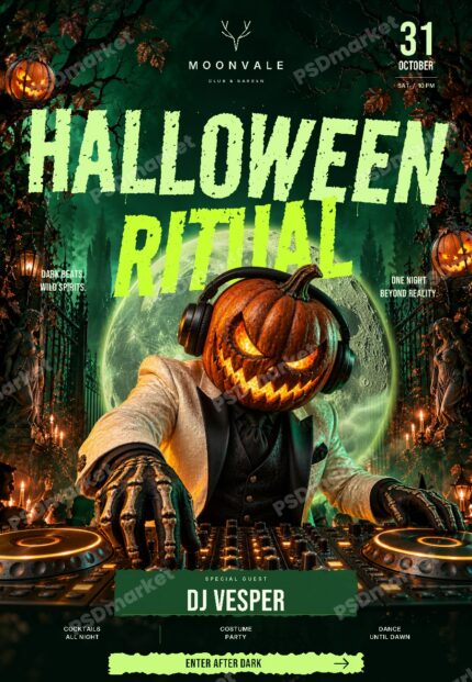 Halloween Ritual flyer with a pumpkin-headed DJ, haunted garden, moon and lime-green lettering; PSDmarket protected preview
