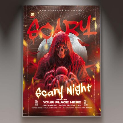 A professional Halloween Spider Flyer Template featuring dark atmospheric gradients, intricate spider webs, and bold chilling typography.