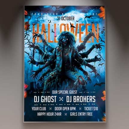 A professional Halloween Zombified Flyer Template featuring decaying grunge textures, eerie green lighting, and horrifying display typography.
