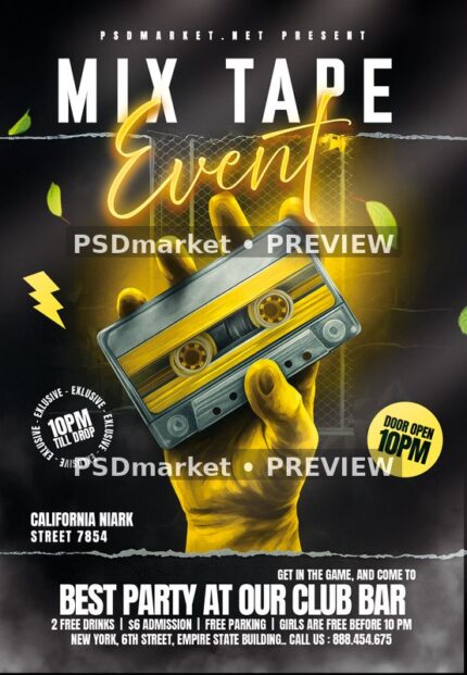 Handheld Cassette Mixtape Event Flyer PSD Template — PSD template preview