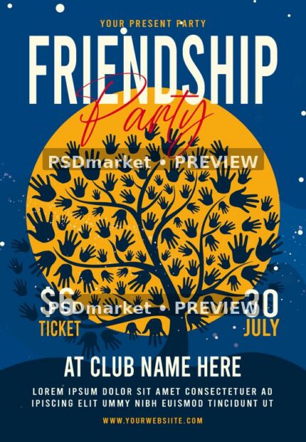 Handprint Tree Friendship Party Flyer PSD Template — PSD template preview