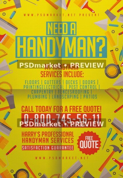 Yellow handyman flyer with illustrated tools, turquoise headline, red contact panels and two horizontal PSDmarket preview watermarks