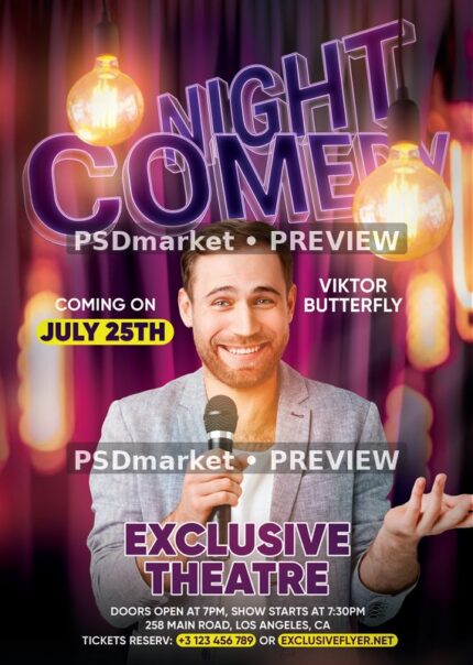 Hanging Lights Comedian Night Flyer PSD Template — PSD template preview