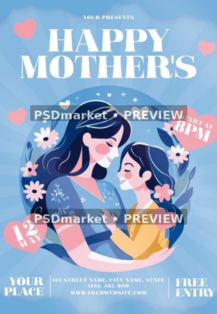 Blue Mothers Day flyer with illustrated mother and child, leafy flowers, pink hearts and white serif greeting.