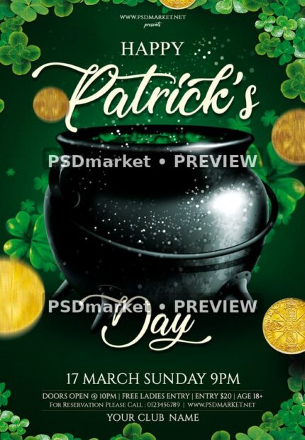 Happy Patrick’s Day Shamrock Cauldron Flyer with two horizontal PSDmarket preview watermarks