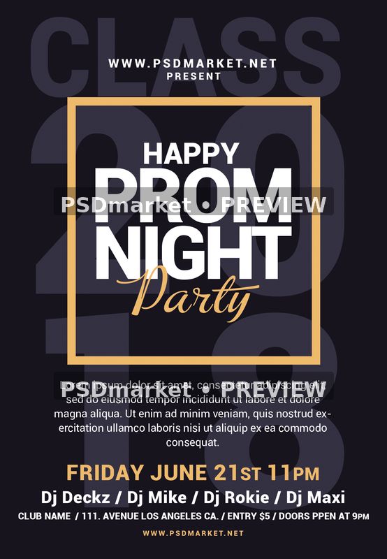 Happy Prom Night Black and Gold Flyer PSD Template — PSD template preview