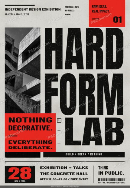 HARD FORM Design Lab brutalist architecture flyer with red panels, distressed black typography and PSDmarket watermark