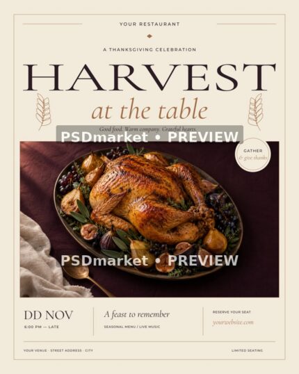 Ivory-and-copper Harvest at the Table Thanksgiving flyer with food photograph and PSDmarket preview watermarks