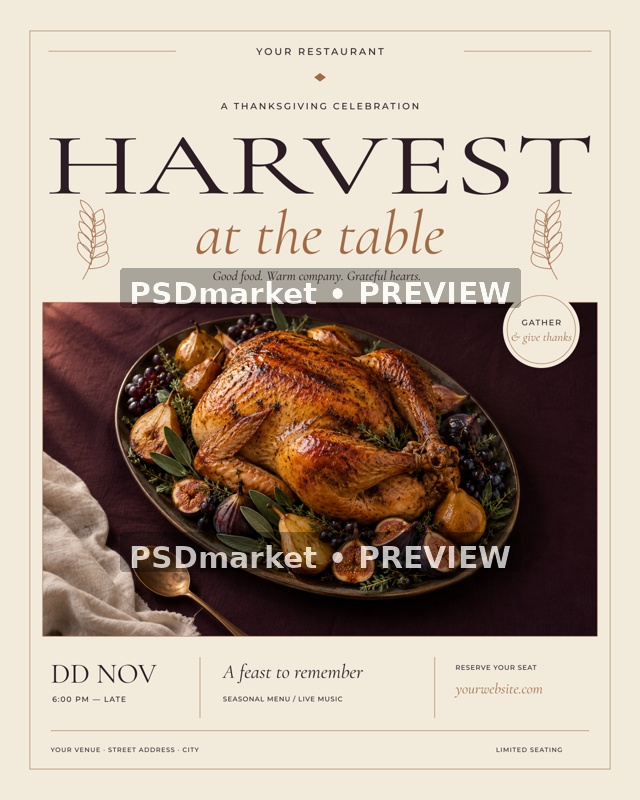 Ivory-and-copper Harvest at the Table Thanksgiving flyer with food photograph and PSDmarket preview watermarks