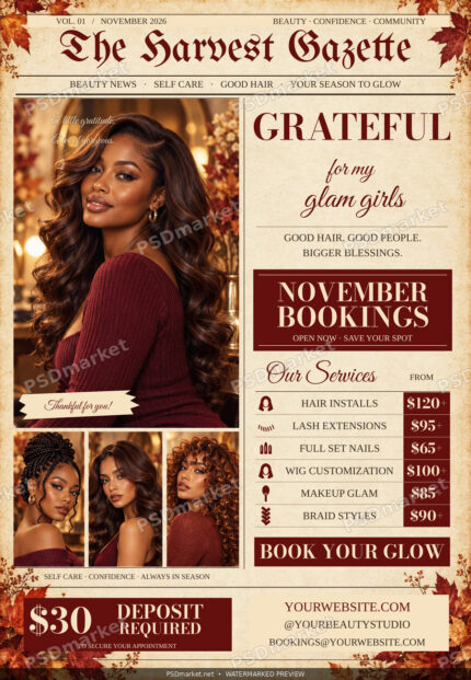 Harvest Gazette newspaper-style autumn beauty flyer with burgundy headlines, salon portrait collage, editable service price list and booking panel, watermarked preview