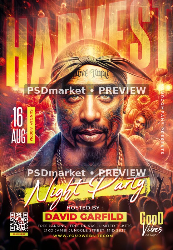 Harvest Hip-Hop Portrait Night Party Flyer PSD Template — reduced watermarked source artwork preview