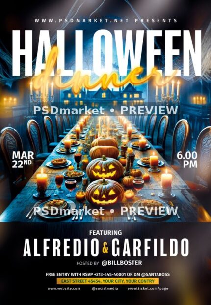 Haunted Banquet Halloween Dinner Party Flyer PSD Template — reduced watermarked source artwork preview
