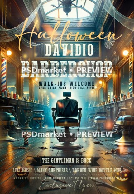 Haunted Barbershop Halloween Promotion Flyer PSD Template — PSD template preview