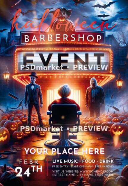 Haunted Barbershop Night Party Flyer PSD Template — reduced watermarked source artwork preview