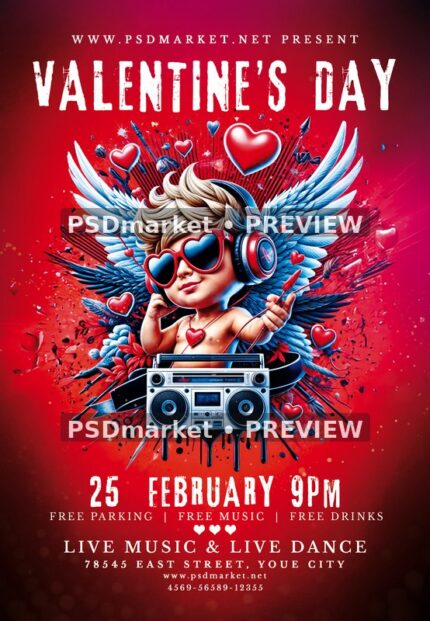 Headphone Cupid Red Valentine Party Flyer PSD Template — PSD template preview