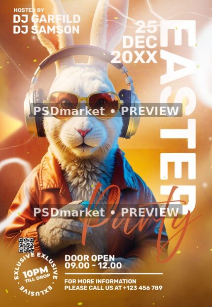 Headphone Rabbit Easter Club Party Flyer PSD Template — PSD template preview