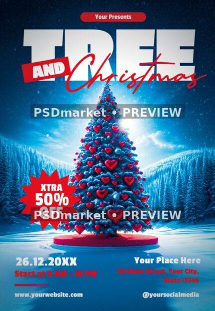 Heart Ornament Christmas Tree Sale Flyer PSD Template — PSD template preview