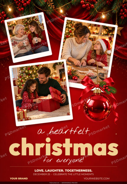 Watermarked Heartfelt Christmas family collage flyer with red satin, three photo frames and gold Christmas headline