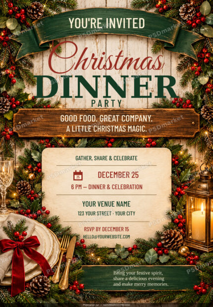 Rustic Christmas dinner invitation with green wood banners, evergreen branches, red berries, a candle lantern and elegant dinner typography.