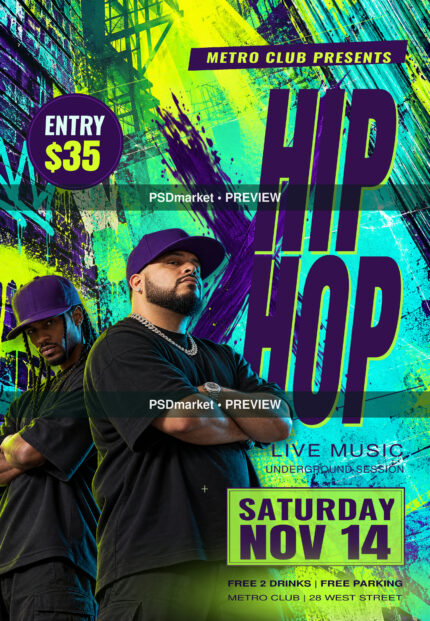 Hip Hop Electric Street flyer with bold purple lettering, lime and turquoise graffiti, and two streetwear performers; watermarked PSDmarket preview