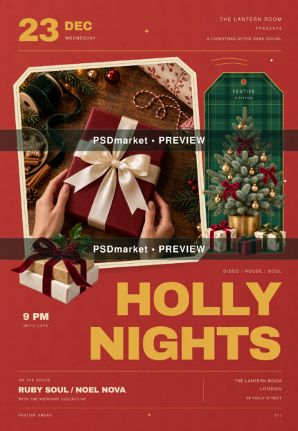 Red and gold Christmas party flyer with gift-wrapping photography and a tartan tree tag, protected by two PSDmarket preview bands
