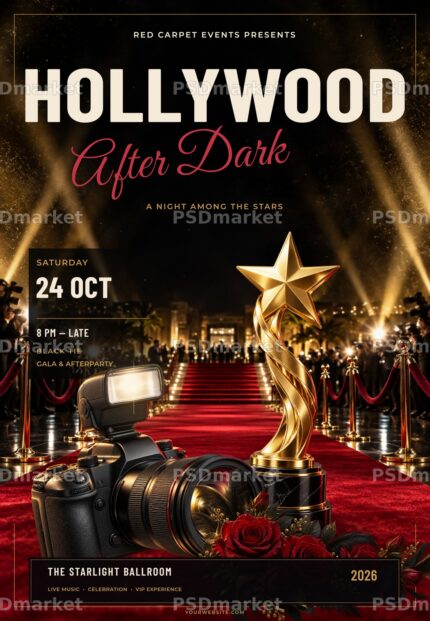 Hollywood After Dark Gala Flyer PSD Template — PSD template preview