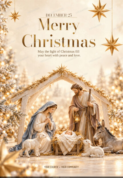 Warm ivory Christmas flyer with a nativity scene, Mary, Joseph, baby Jesus and hanging gold stars.