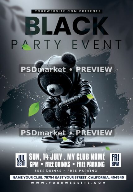 Hooded Black Bear Party Event Flyer — reduced watermarked source artwork preview