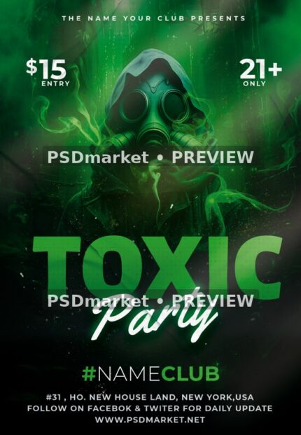 Hooded Gas Mask Toxic Horror Party Flyer PSD Template — reduced watermarked source artwork preview