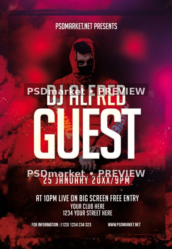 Hooded Guest DJ Red Smoke Flyer PSD Template — PSD template preview