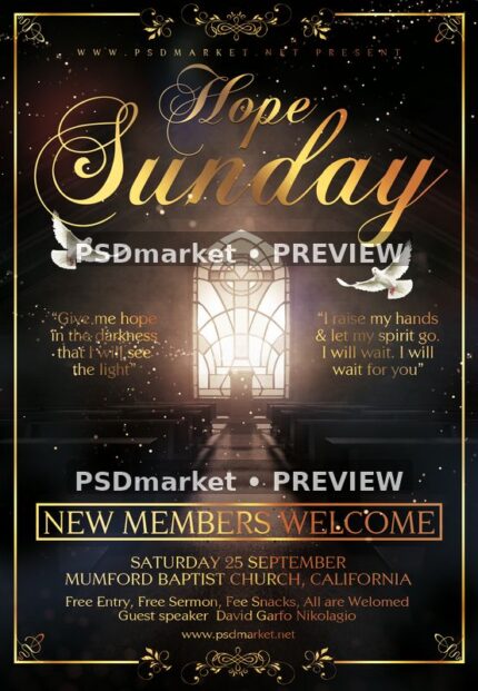 Gold and black Hope Sunday church flyer with doves, sanctuary window, ornamental border, and two PSDmarket preview watermarks