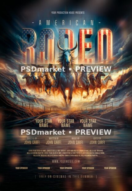 Horned Horse Fantasy Rodeo Movie Flyer PSD Template — PSD template preview
