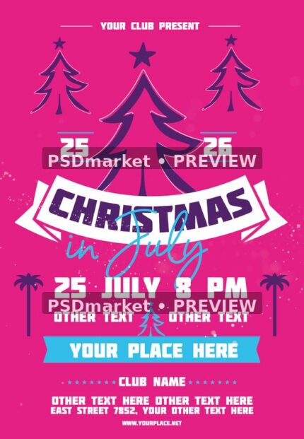 Hot-pink Christmas in July flyer with purple trees, turquoise script and two horizontal preview watermarks