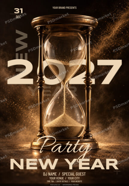 Champagne 2027 lettering behind a bronze hourglass, New Year party flyer protected preview