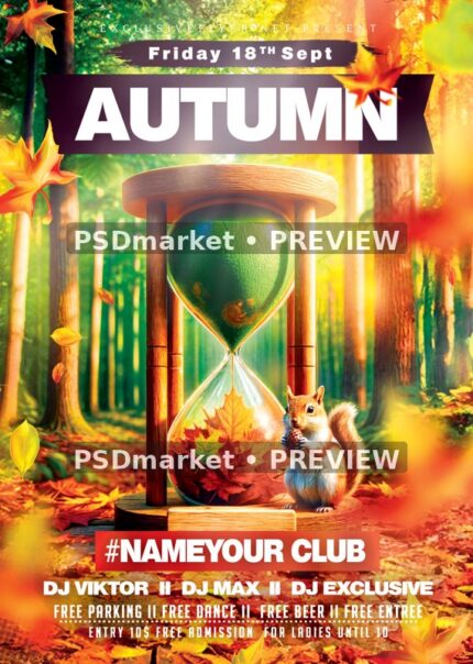 Hourglass Squirrel Autumn Forest Flyer PSD Template — PSD template preview
