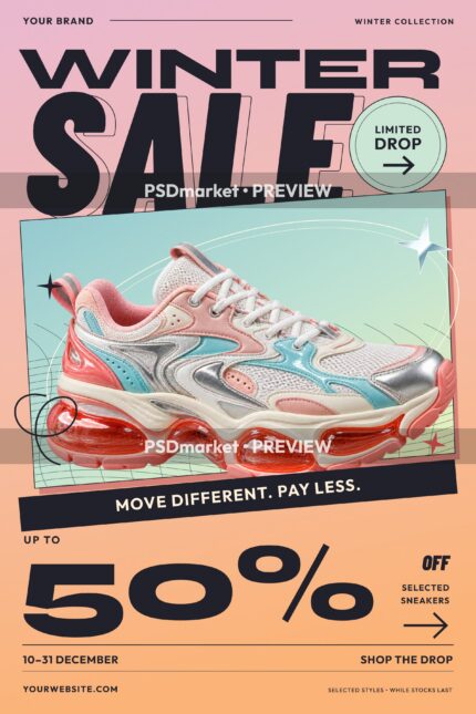 Winter sneaker sale flyer with ice-blue and coral shoe, bold black typography, pastel background and two PSDmarket preview bands.