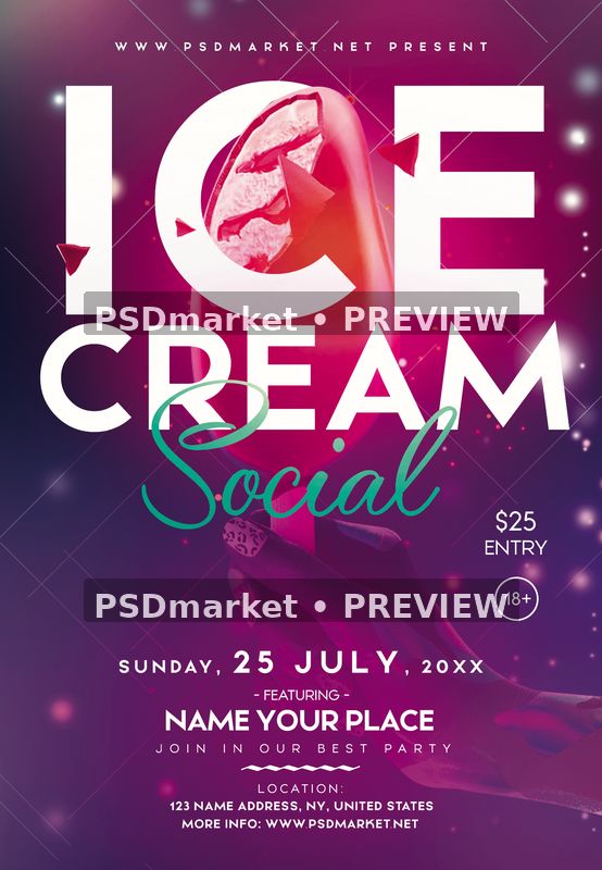 Ice Cream Social Neon Type Flyer PSD Template — PSD template preview
