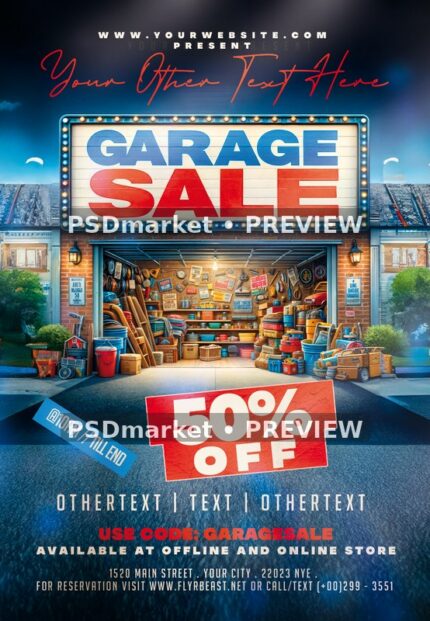 Illuminated Garage Sale Sign Flyer PSD Template — PSD template preview