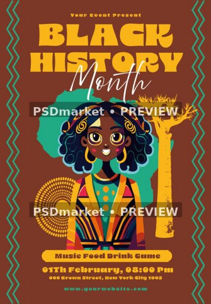 Brown Black History Month flyer with colorful illustrated figure, green Africa silhouette, yellow tree and zigzag borders