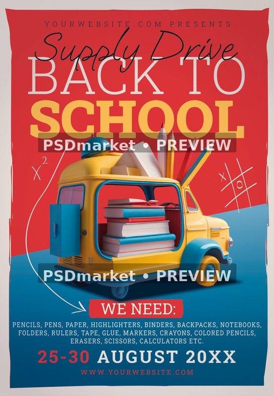 Illustrated Back to School Supply Drive Flyer PSD Template — PSD template preview