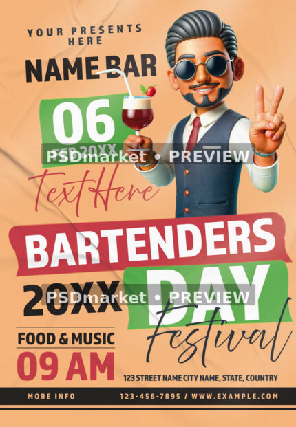 Illustrated Bartender Day Festival Flyer PSD Template — PSD template preview