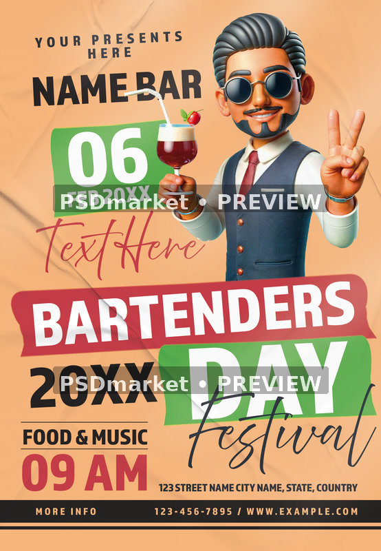 Illustrated Bartender Day Festival Flyer PSD Template — PSD template preview
