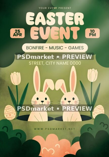 Illustrated Bunny Pair Easter Event Flyer PSD Template — PSD template preview
