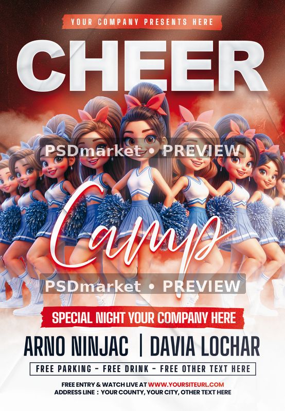 Cheer Camp flyer with illustrated blue-and-white cheer team, silver title and two horizontal preview watermarks