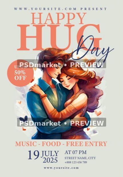 Illustrated Couple Happy Hug Day Flyer PSD Template — PSD template preview